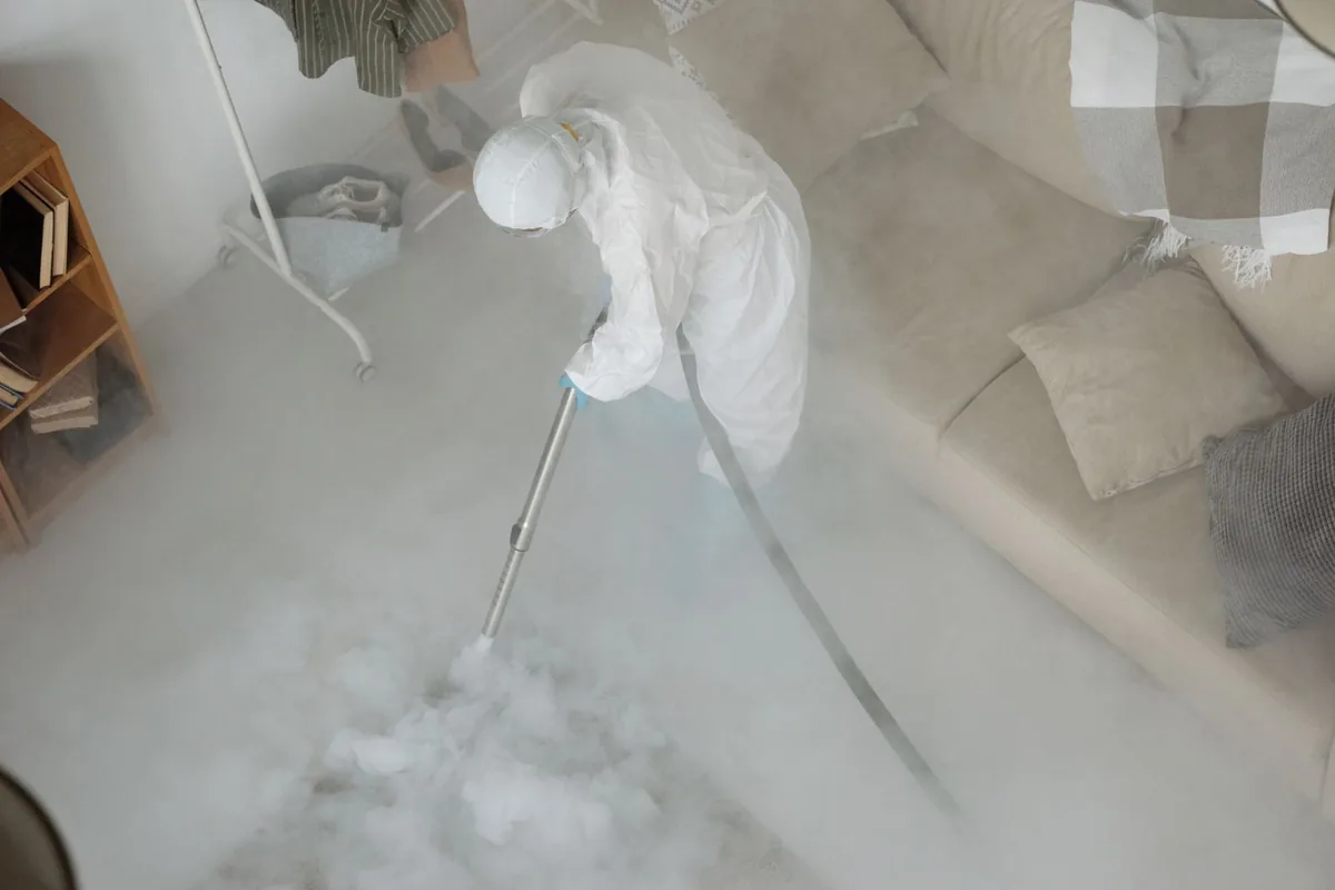 Biohazard cleanup technician in protective equipment, Ripley, OH